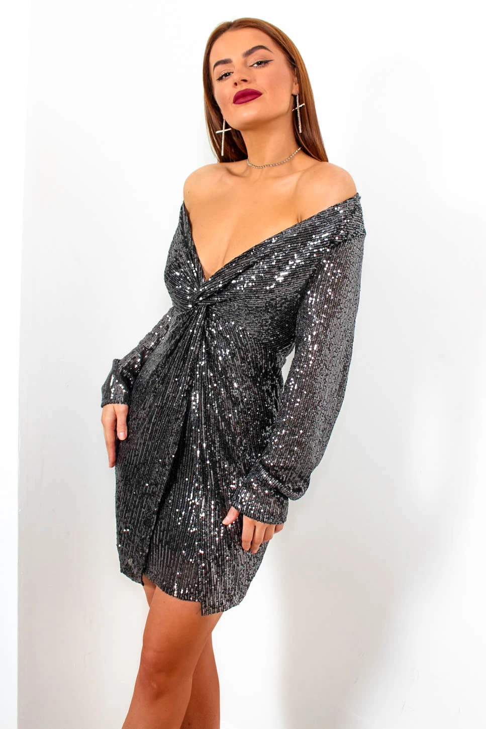 VIP List - Pewter Sequin Deep V-Neck Mini Dress - Image 6