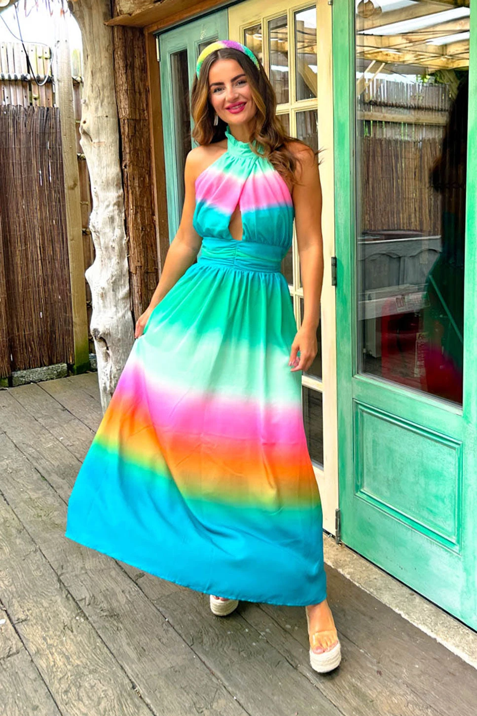 Want Hue Back - Green Pink Ombre Halter Neck Maxi Dress