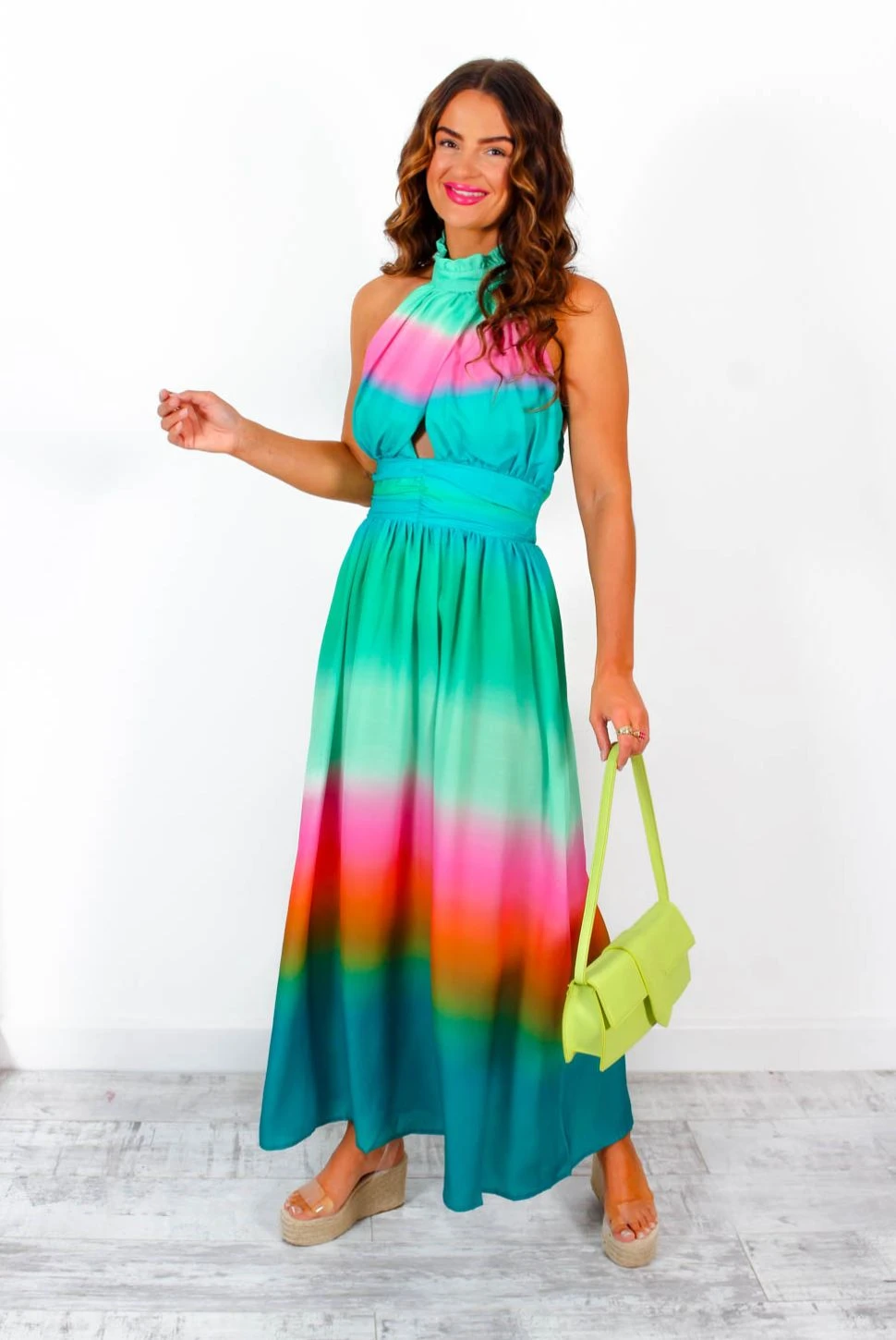 Want Hue Back - Green Pink Ombre Halter Neck Maxi Dress - Image 2