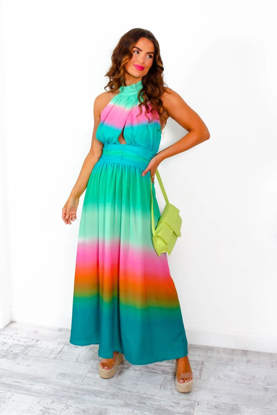 Want Hue Back - Green Pink Ombre Halter Neck Maxi Dress - Image 5
