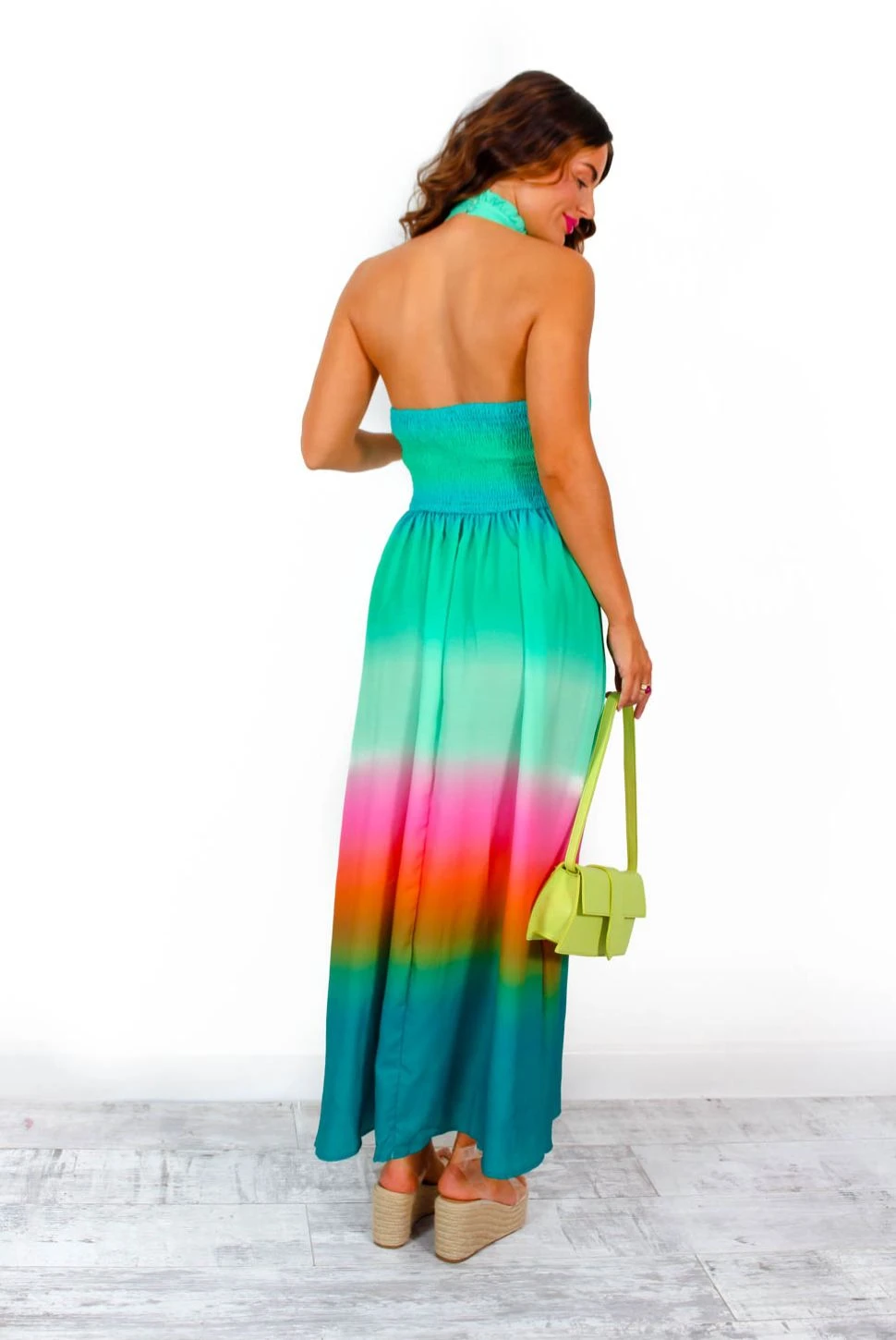 Want Hue Back - Green Pink Ombre Halter Neck Maxi Dress - Image 3