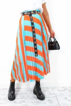 Well Pleat Again - Turquoise Orange Striped Midi Skirt