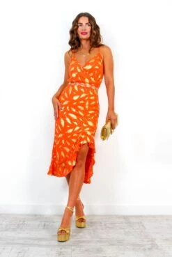 Wild About You - Orange Gold Feather Print Midi Dress
